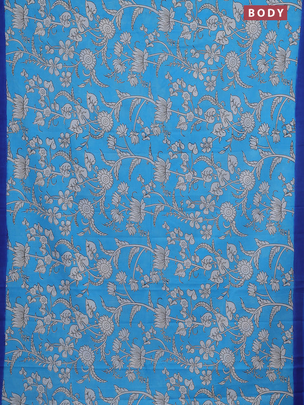 Kalamkari semi silk saree teal blue and blue with allover prints and simple border