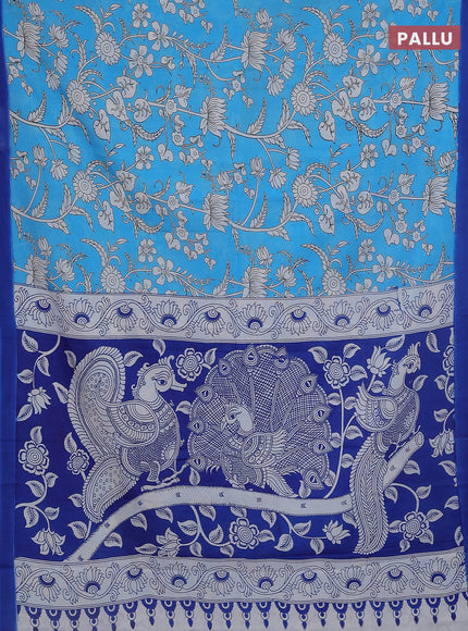 Kalamkari semi silk saree teal blue and blue with allover prints and simple border
