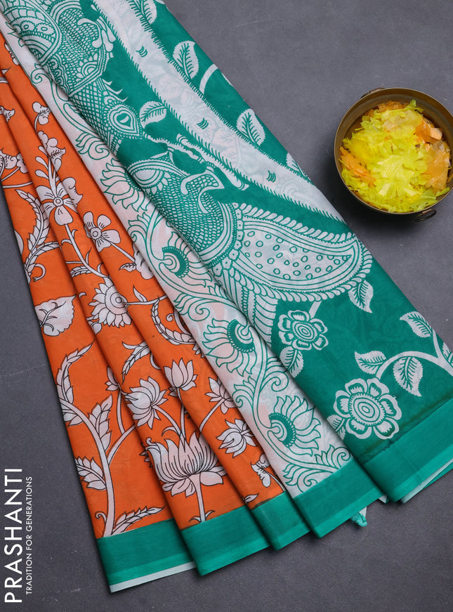 Kalamkari semi silk saree orange and green with allover prints and simple border