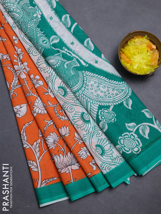 Kalamkari semi silk saree orange and green with allover prints and simple border