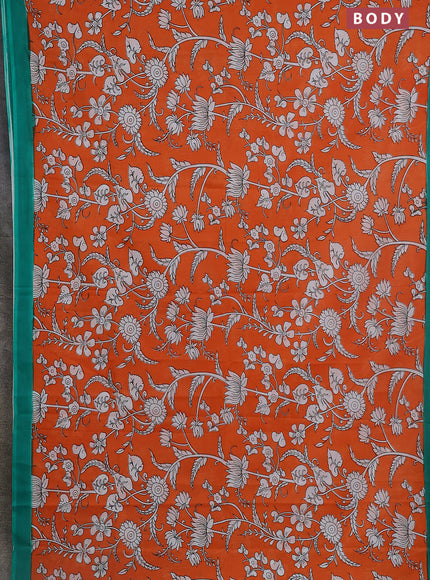 Kalamkari semi silk saree orange and green with allover prints and simple border