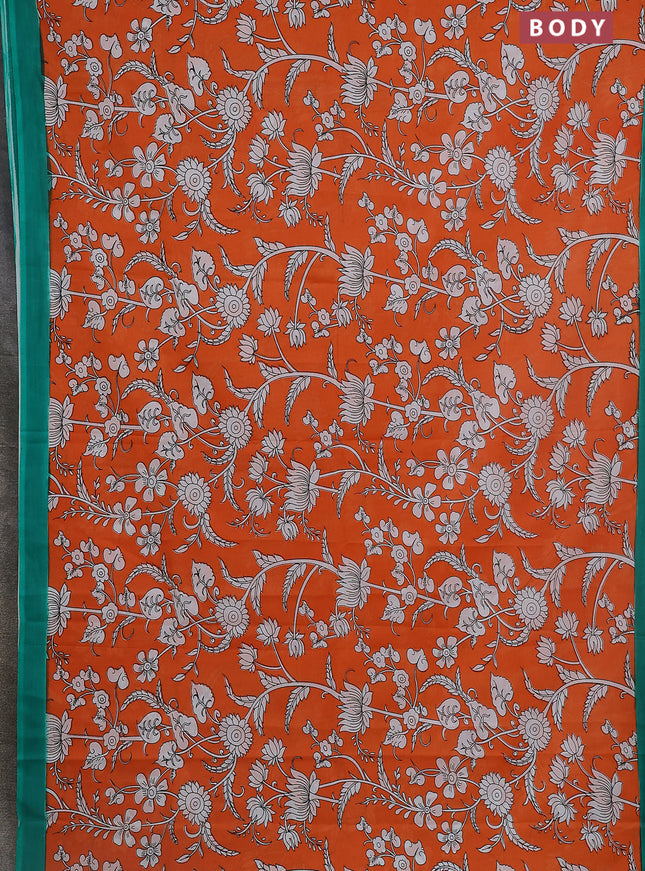 Kalamkari semi silk saree orange and green with allover prints and simple border