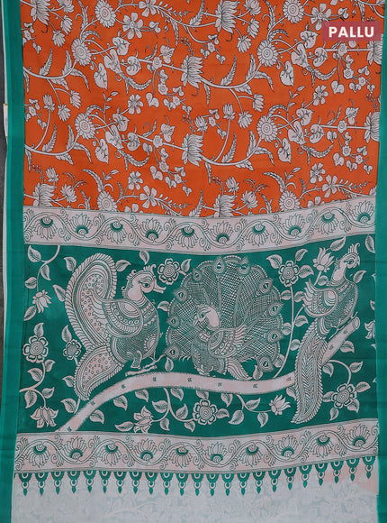 Kalamkari semi silk saree orange and green with allover prints and simple border