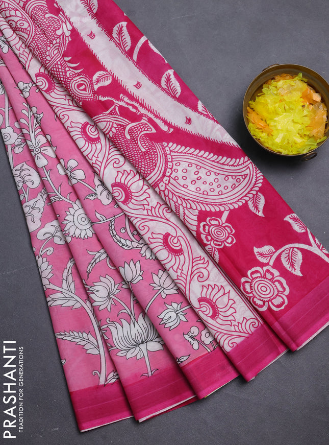 Kalamkari semi silk saree peach pink and pink with allover prints and simple border