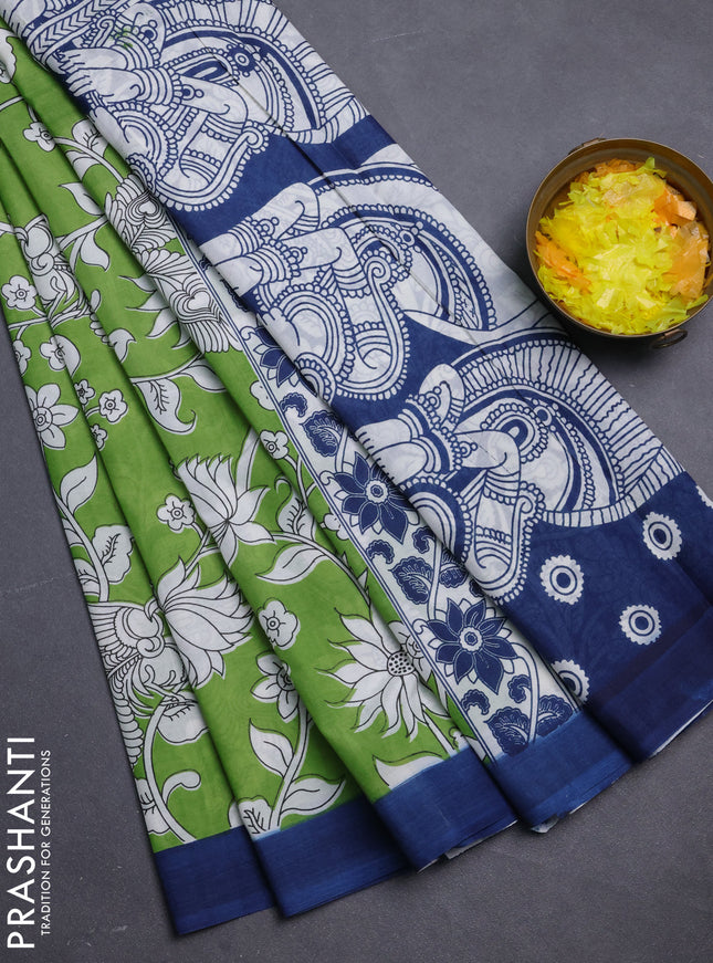 Kalamkari semi silk saree light green and peacock blue with allover prints and simple border