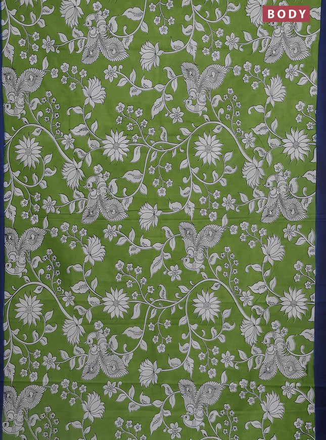 Kalamkari semi silk saree light green and peacock blue with allover prints and simple border