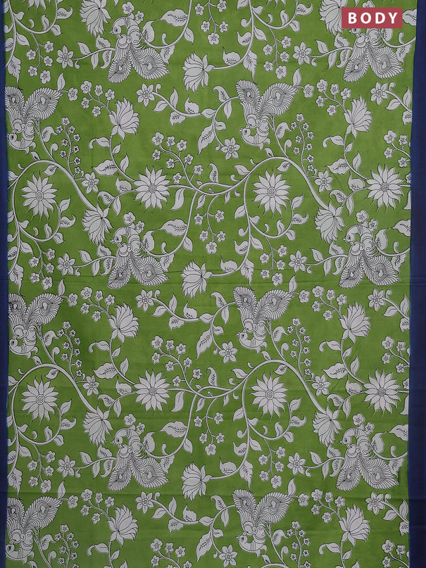 Kalamkari semi silk saree light green and peacock blue with allover prints and simple border
