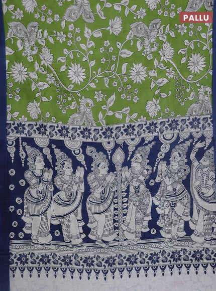 Kalamkari semi silk saree light green and peacock blue with allover prints and simple border
