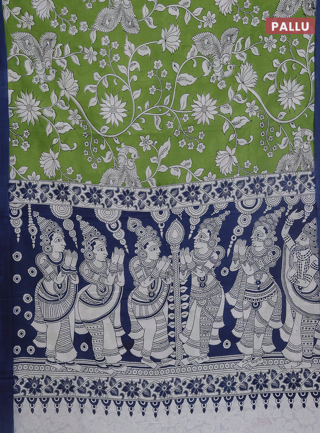Kalamkari semi silk saree light green and peacock blue with allover prints and simple border