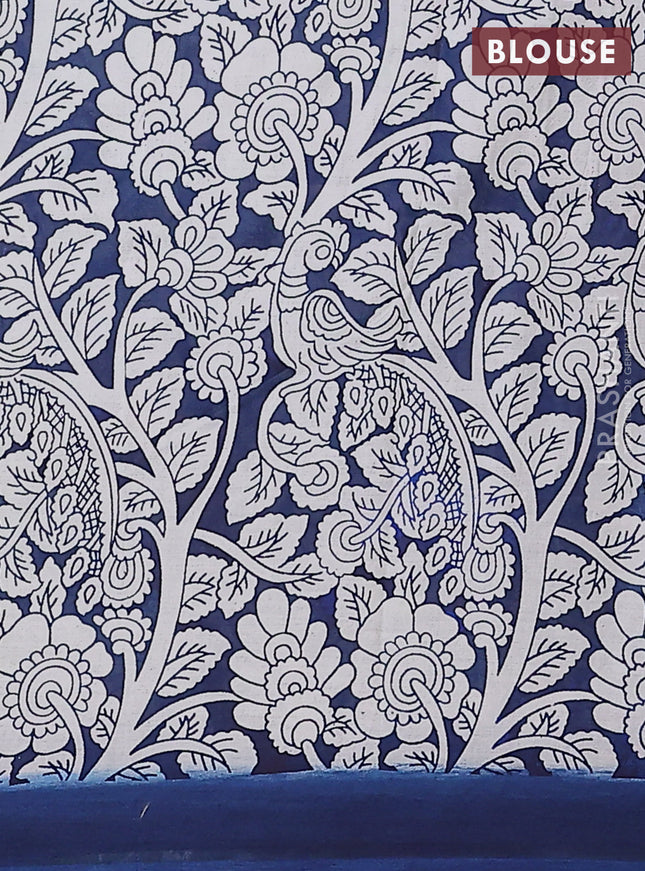 Kalamkari semi silk saree light green and peacock blue with allover prints and simple border