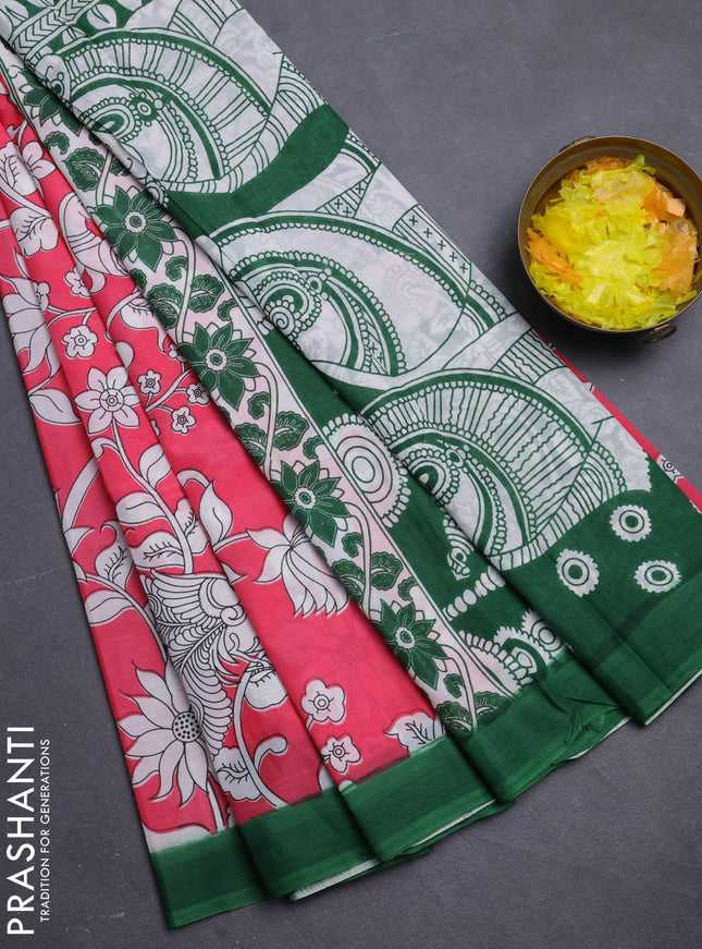 Kalamkari semi silk saree dark peach and green with allover prints and simple border