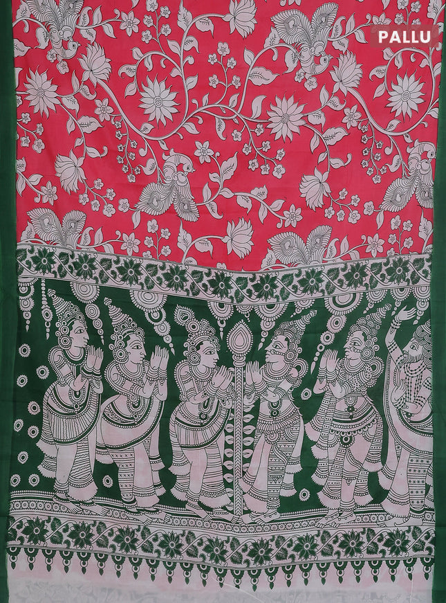 Kalamkari semi silk saree dark peach and green with allover prints and simple border