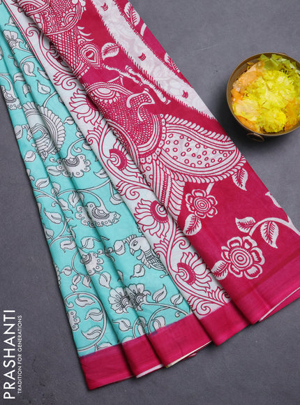 Kalamkari semi silk saree teal shade and dark pink with allover prints and simple border