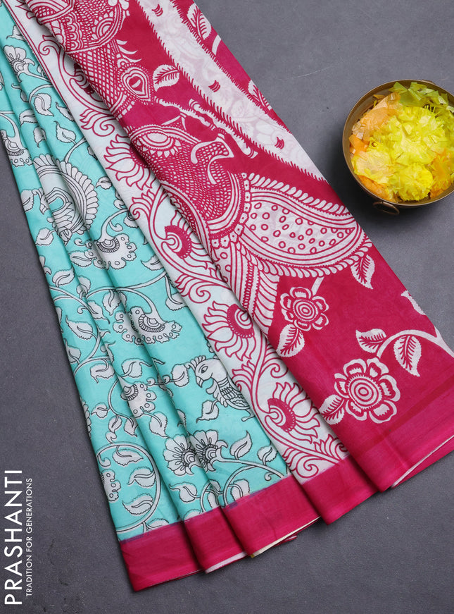 Kalamkari semi silk saree teal shade and dark pink with allover prints and simple border