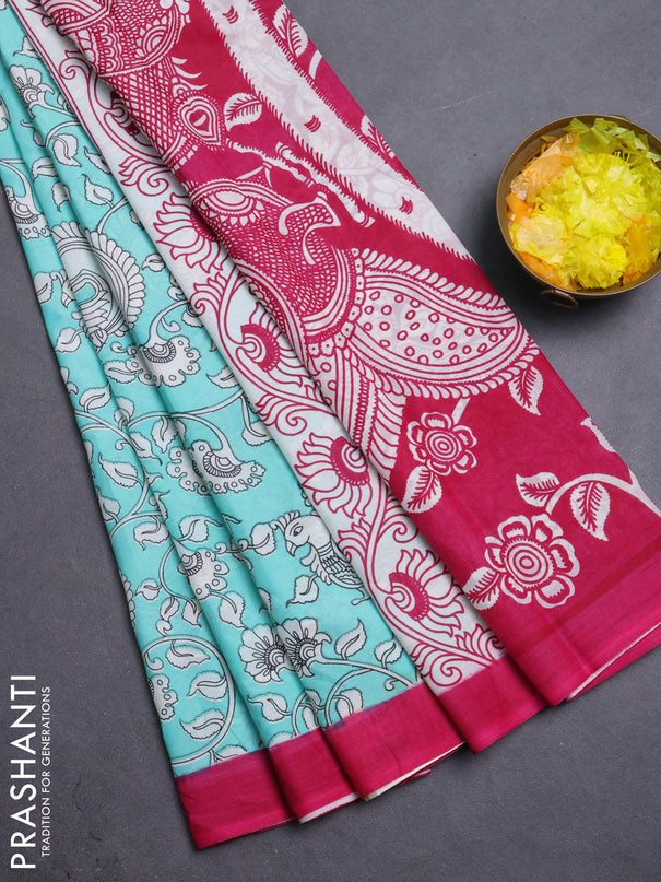 Kalamkari semi silk saree teal shade and dark pink with allover prints and simple border
