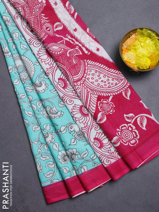 Kalamkari semi silk saree teal shade and dark pink with allover prints and simple border