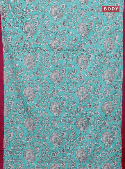 Kalamkari semi silk saree teal shade and dark pink with allover prints and simple border