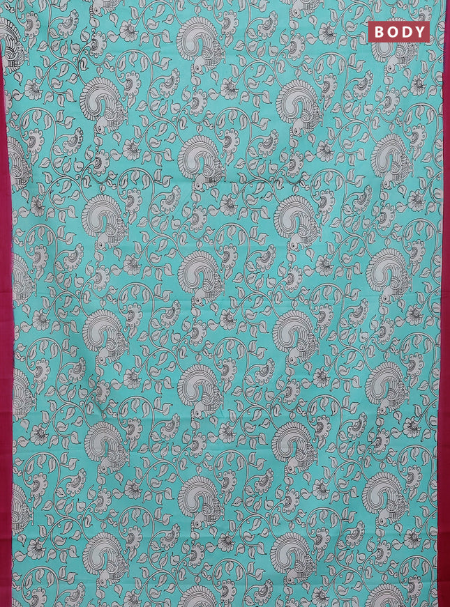 Kalamkari semi silk saree teal shade and dark pink with allover prints and simple border
