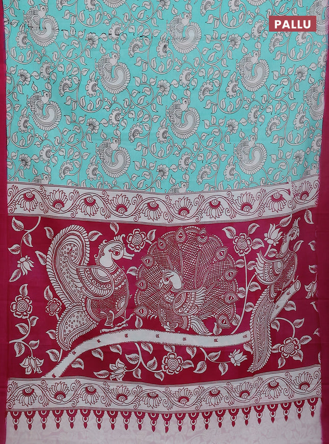 Kalamkari semi silk saree teal shade and dark pink with allover prints and simple border