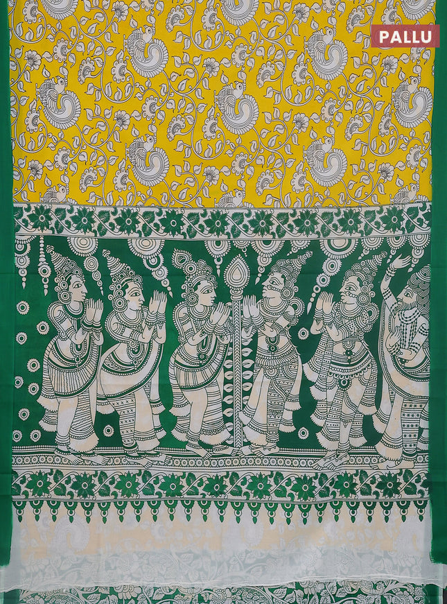 Kalamkari semi silk saree yellow and green with allover prints and simple border