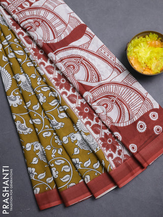 Kalamkari semi silk saree mustard yellow and rust shade with allover prints and simple border