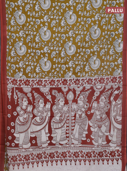 Kalamkari semi silk saree mustard yellow and rust shade with allover prints and simple border