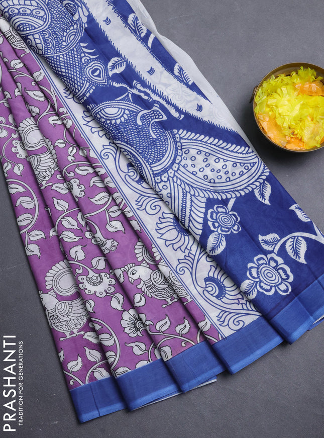 Kalamkari semi silk saree lavender shade and blue with allover prints and simple border