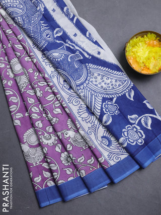 Kalamkari semi silk saree lavender shade and blue with allover prints and simple border