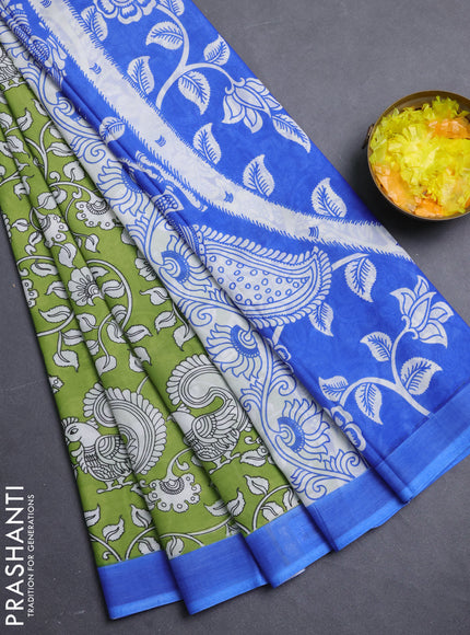 Kalamkari semi silk saree light green and blue with allover prints and simple border