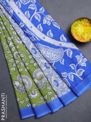 Kalamkari semi silk saree light green and blue with allover prints and simple border