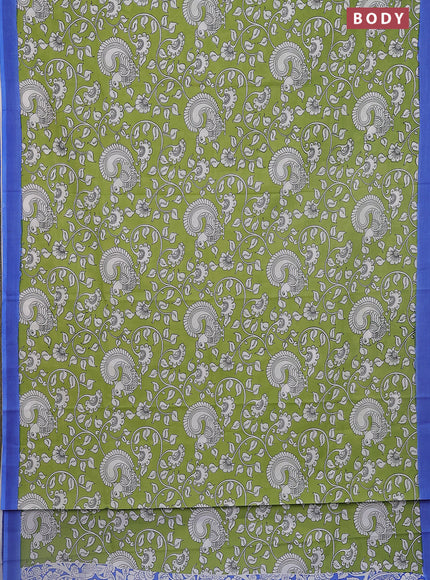 Kalamkari semi silk saree light green and blue with allover prints and simple border