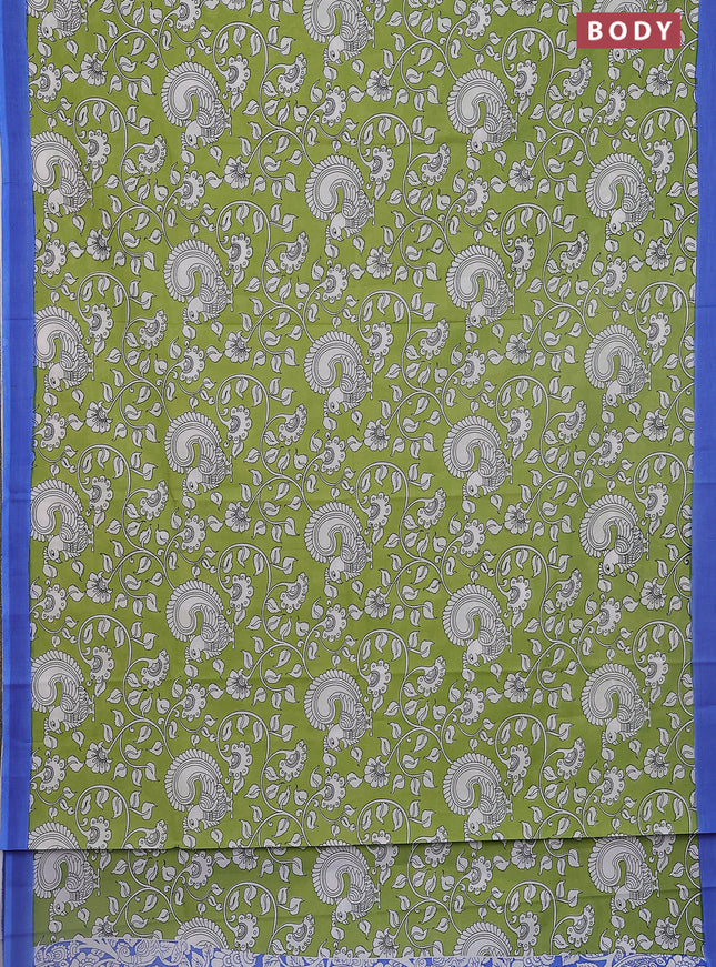 Kalamkari semi silk saree light green and blue with allover prints and simple border