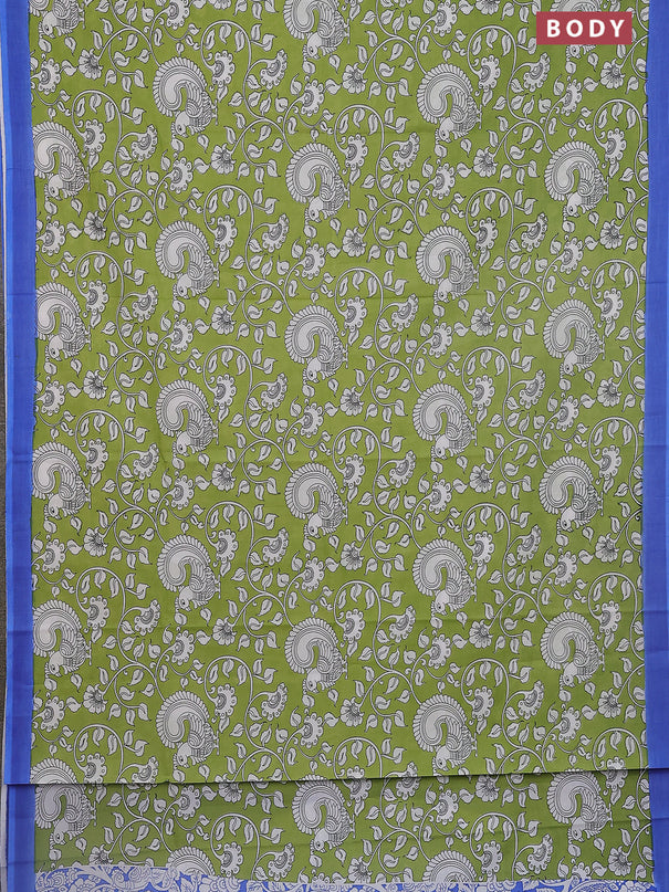 Kalamkari semi silk saree light green and blue with allover prints and simple border