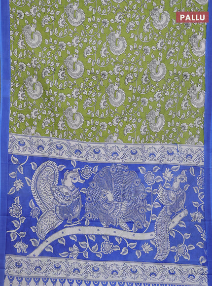 Kalamkari semi silk saree light green and blue with allover prints and simple border
