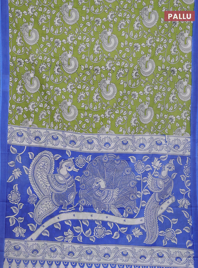 Kalamkari semi silk saree light green and blue with allover prints and simple border