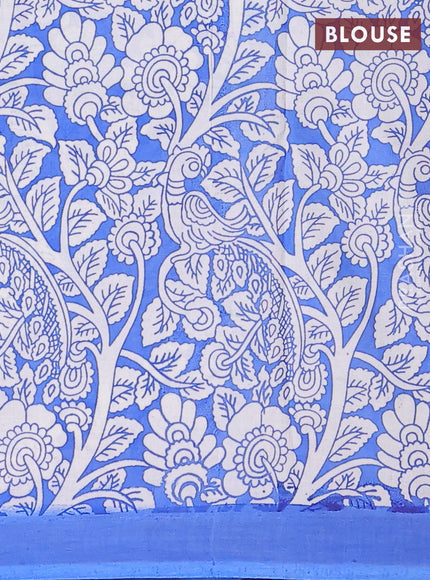 Kalamkari semi silk saree light green and blue with allover prints and simple border