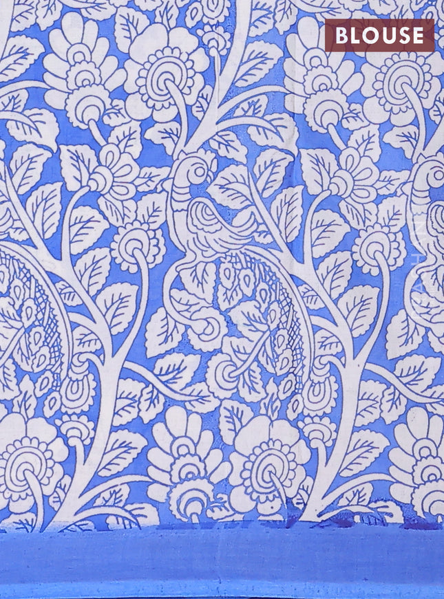 Kalamkari semi silk saree light green and blue with allover prints and simple border