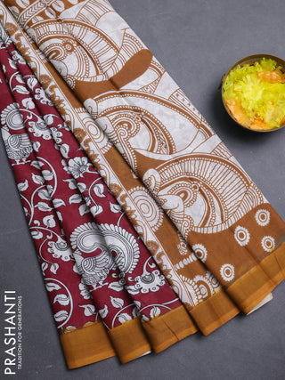 Kalamkari semi silk saree maroon and mustard yellow with allover prints and simple border