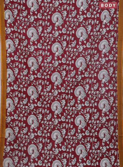 Kalamkari semi silk saree maroon and mustard yellow with allover prints and simple border