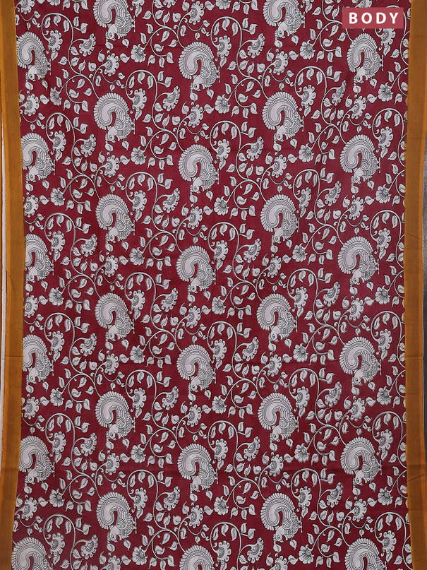 Kalamkari semi silk saree maroon and mustard yellow with allover prints and simple border