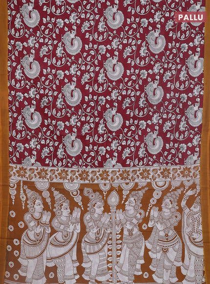 Kalamkari semi silk saree maroon and mustard yellow with allover prints and simple border