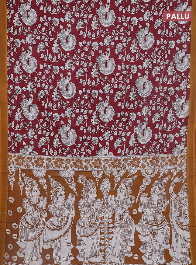 Kalamkari semi silk saree maroon and mustard yellow with allover prints and simple border