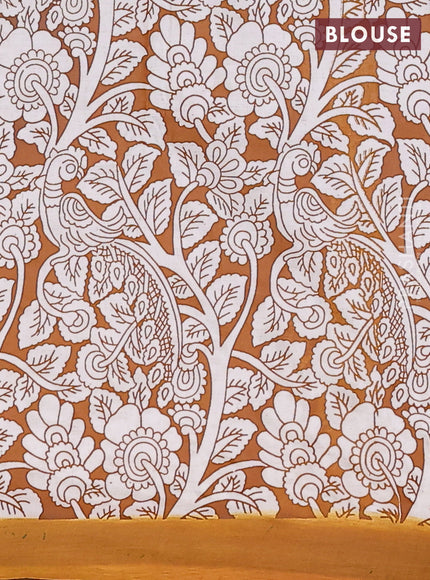 Kalamkari semi silk saree maroon and mustard yellow with allover prints and simple border