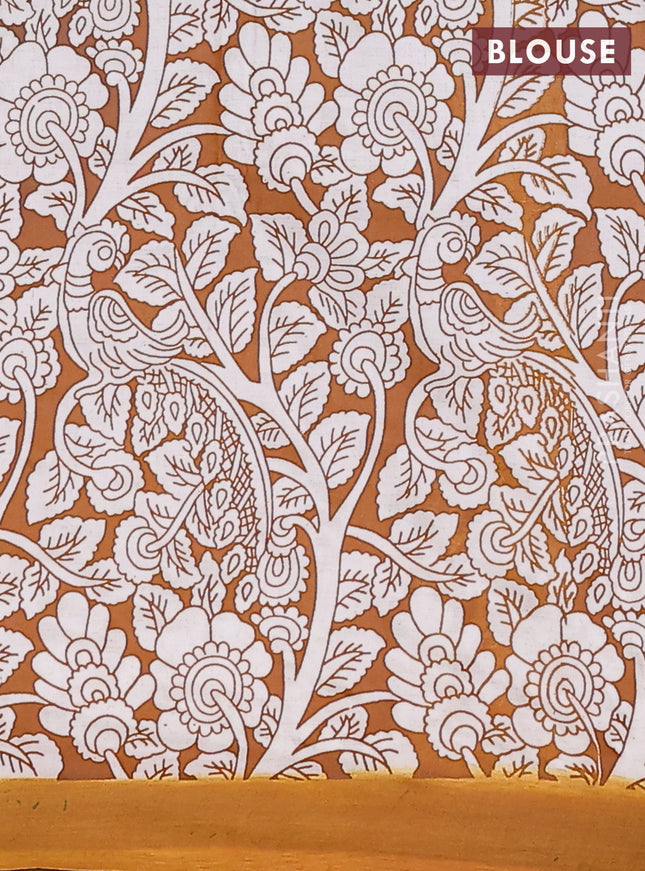 Kalamkari semi silk saree maroon and mustard yellow with allover prints and simple border