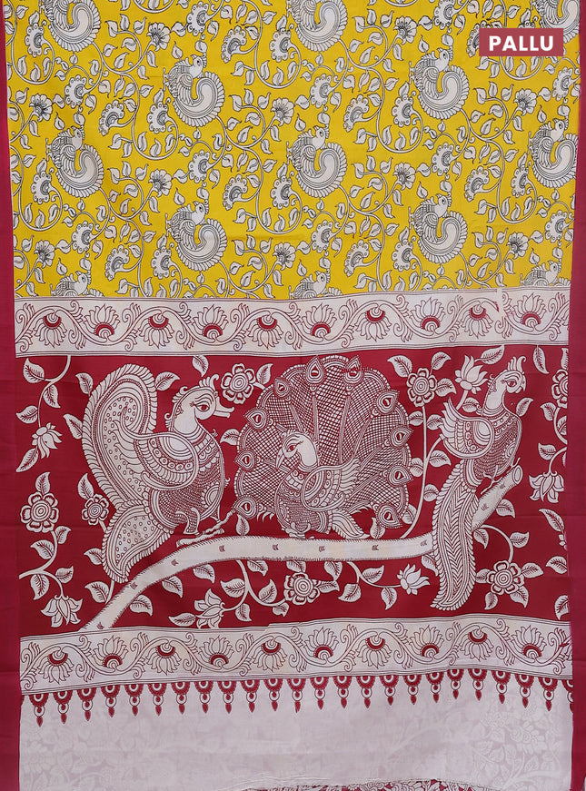 Kalamkari semi silk saree yellow and dark pink with allover prints and simple border