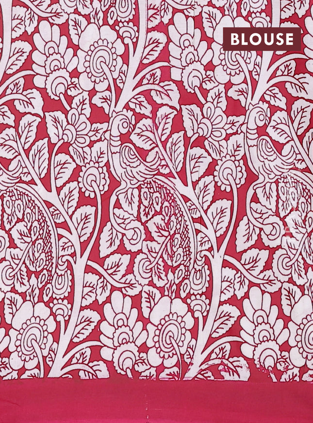 Kalamkari semi silk saree yellow and dark pink with allover prints and simple border