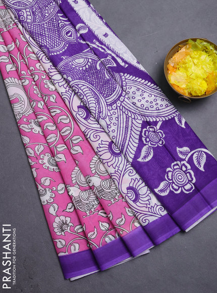 Kalamkari semi silk saree light pink and violet with allover prints and simple border