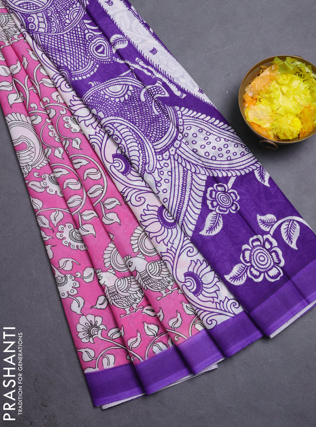 Kalamkari semi silk saree light pink and violet with allover prints and simple border