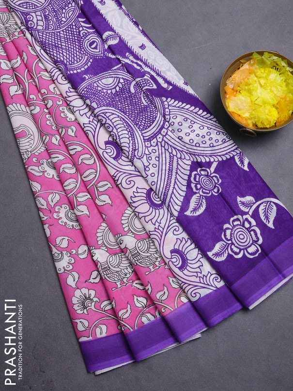 Kalamkari semi silk saree light pink and violet with allover prints and simple border