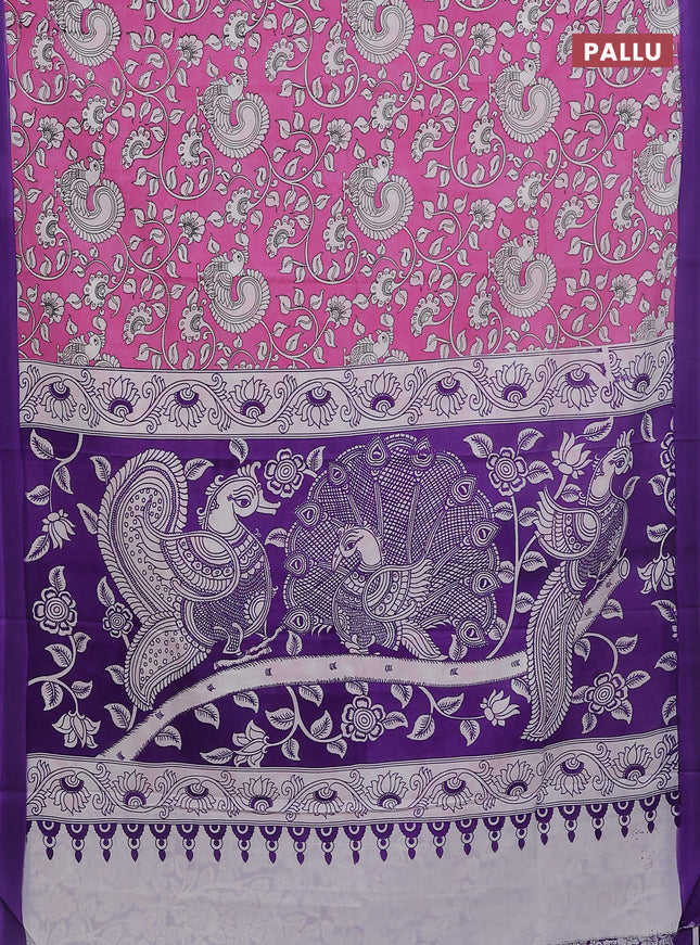Kalamkari semi silk saree light pink and violet with allover prints and simple border